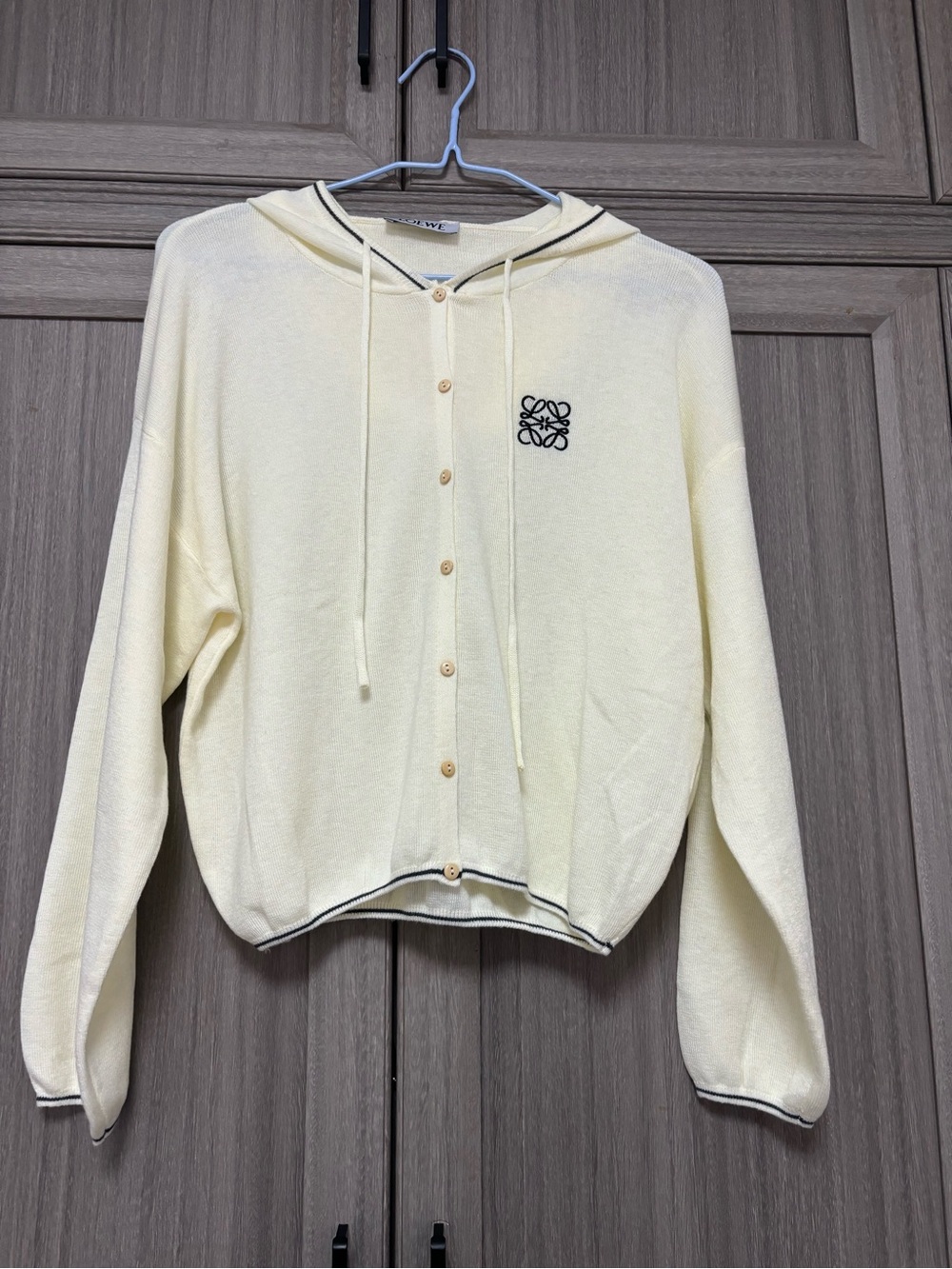 Loewe Cream Hooded Button-Front Cardigan with Black Logo
